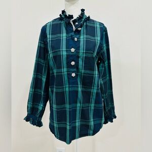 J. Crew Navy and Green Plaid Ruffle Blouse